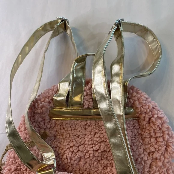 Fuzzy Pink Mini Small Backpack Purse Handbag with Gold Straps - Picture 6 of 11